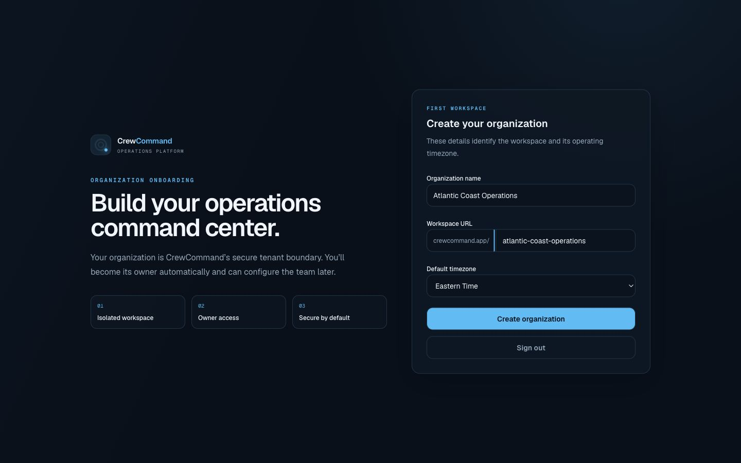 CrewCommand organization onboarding desktop screen
