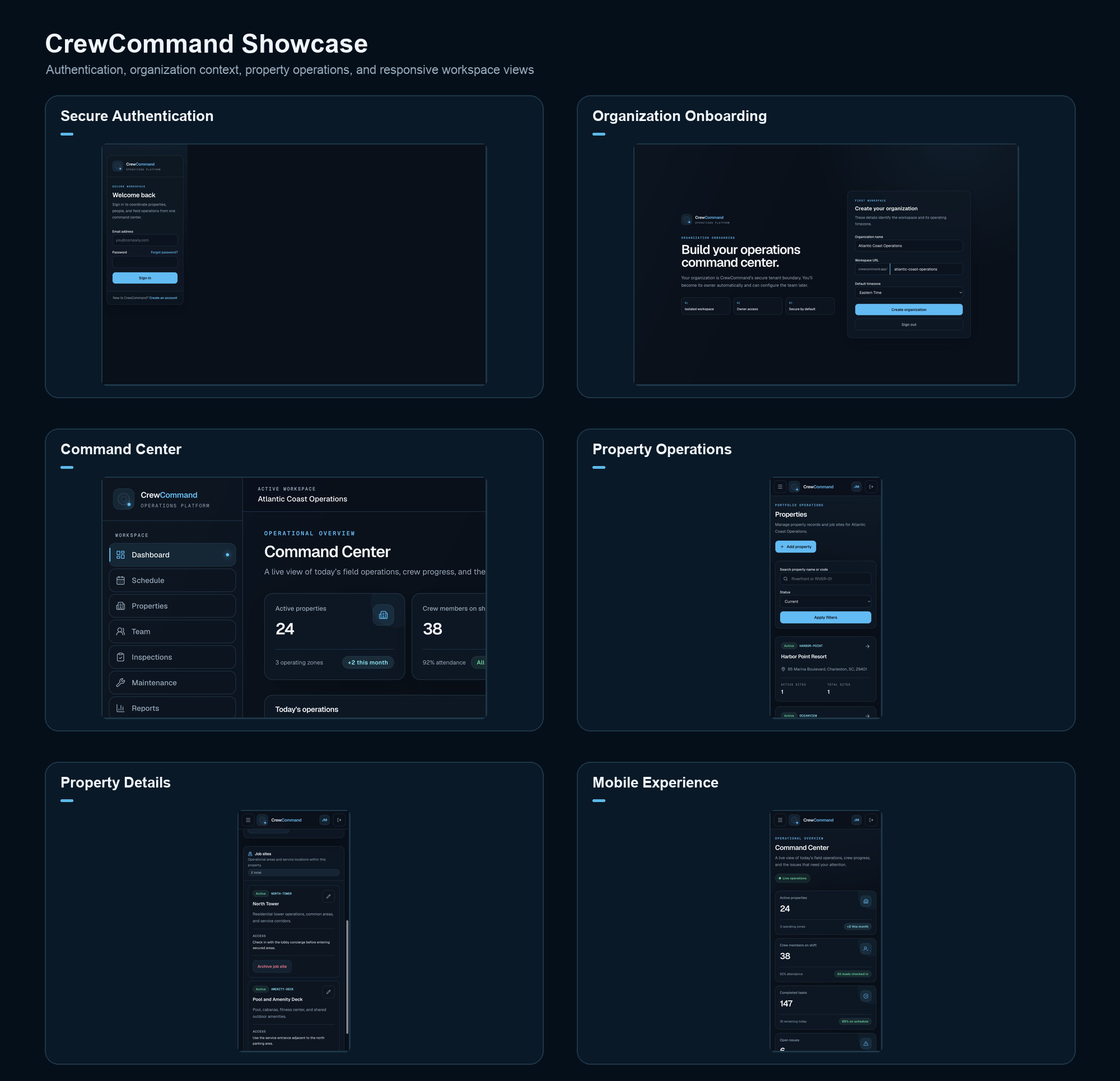 CrewCommand development preview showing desktop and mobile operations platform screens